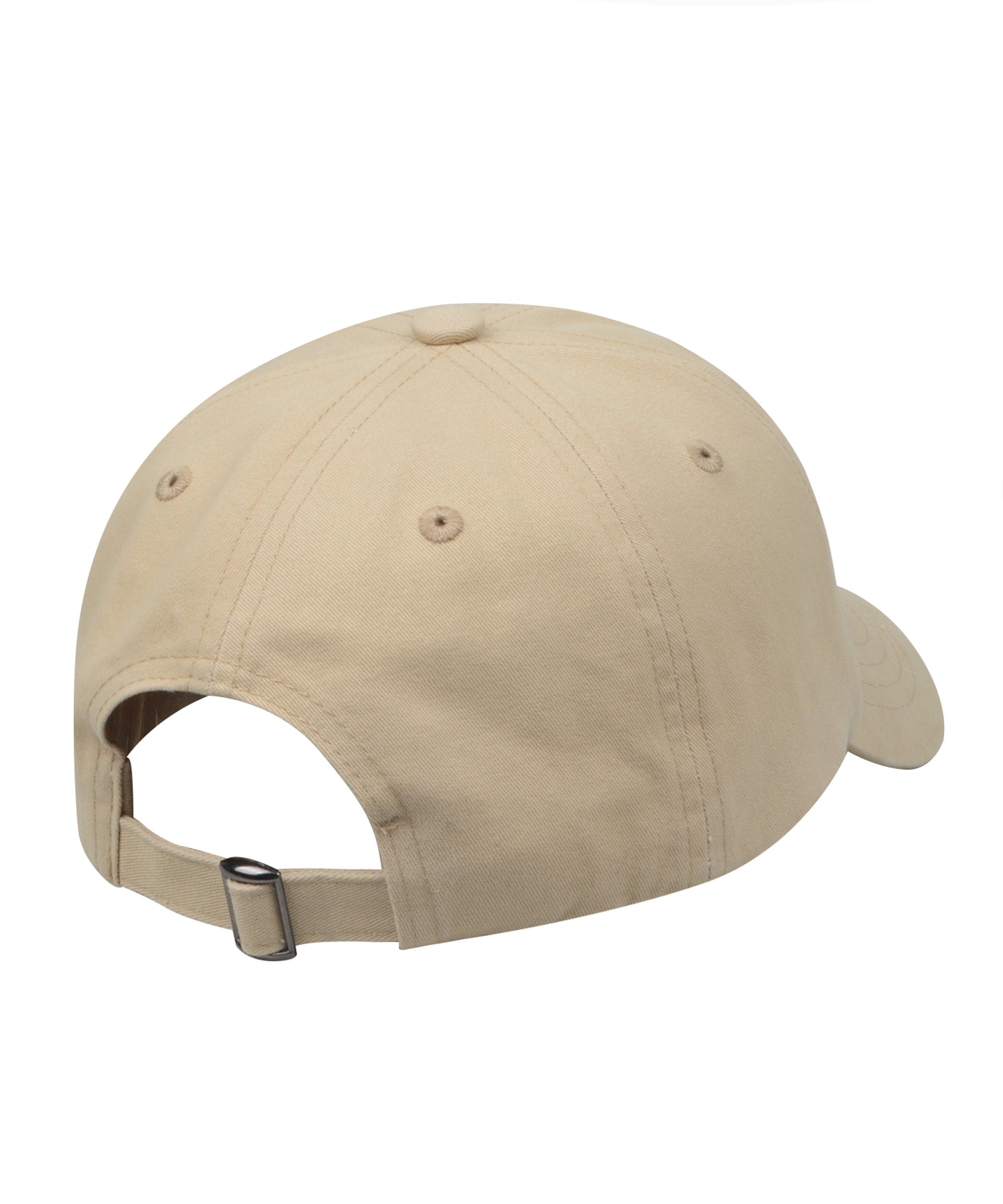 May include: A beige baseball cap with a buckle closure on the back.