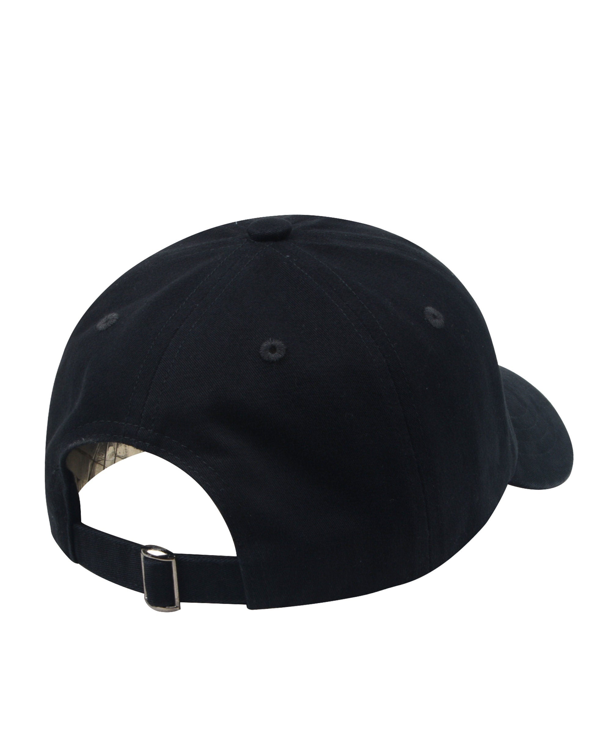 May include: A black baseball cap with a buckle closure on the back.