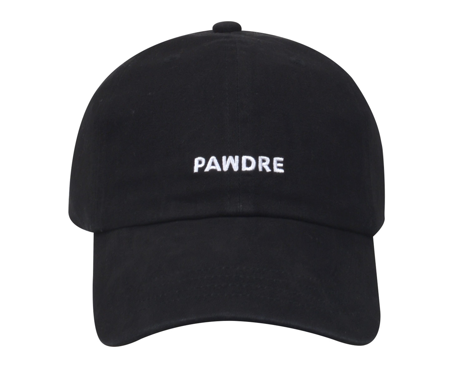 May include: A black baseball cap with a white embroidered logo that says 'PAWDRE'.