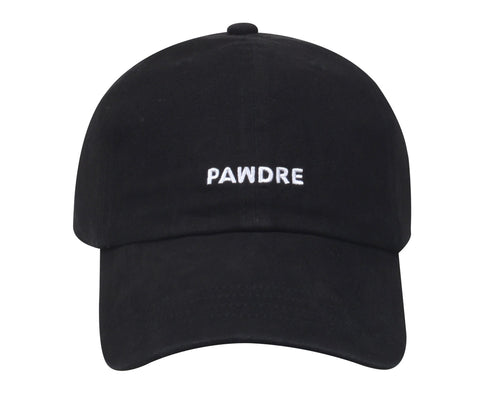 May include: A black baseball cap with a white embroidered logo that says 'PAWDRE'.