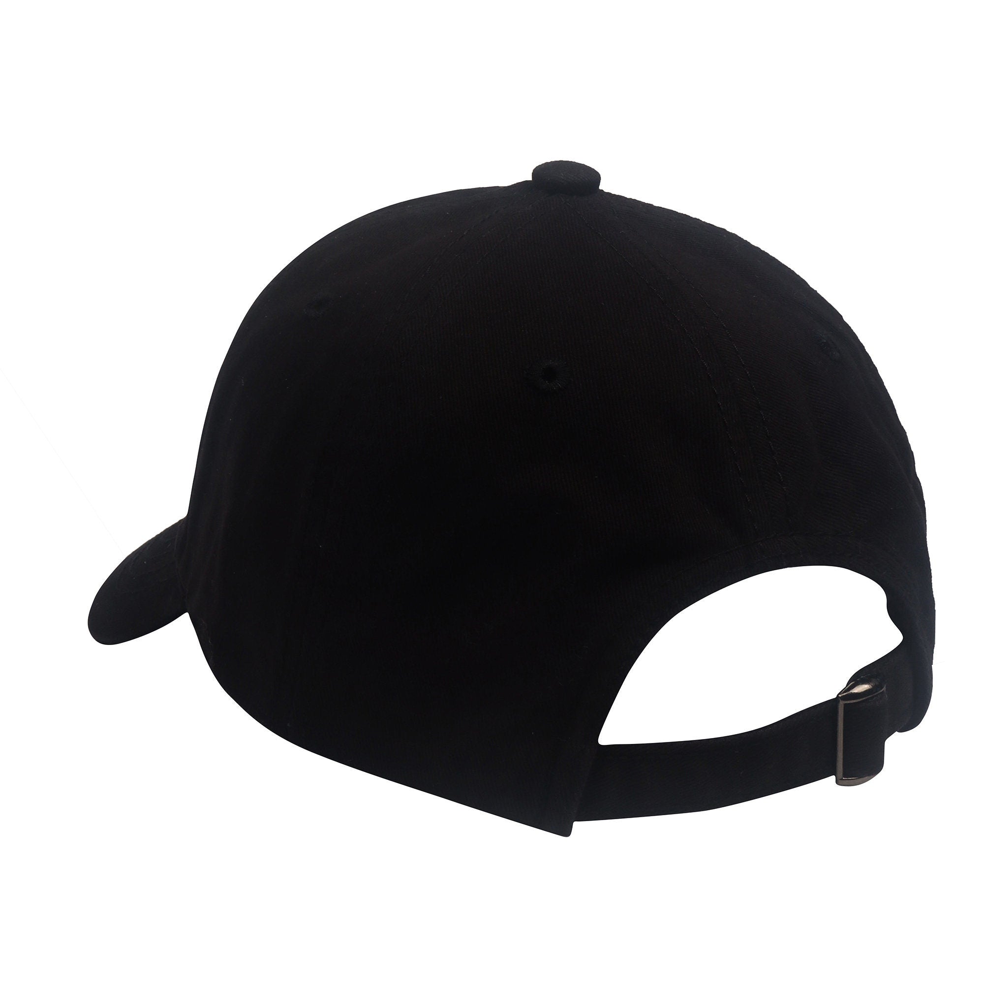 May include: A black baseball cap with a curved brim and an adjustable strap in the back.