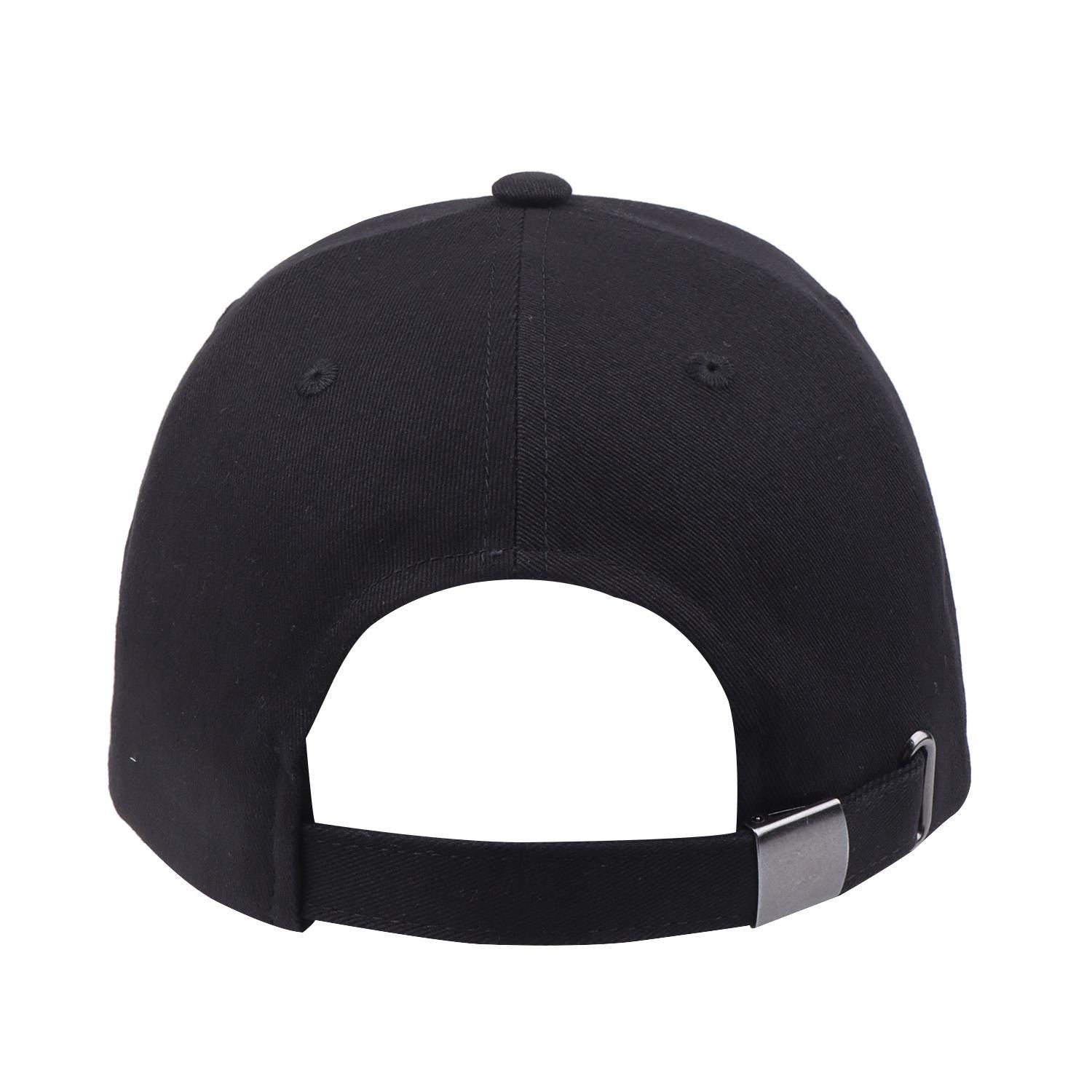 May include: A black baseball cap with a black adjustable strap and a silver buckle.
