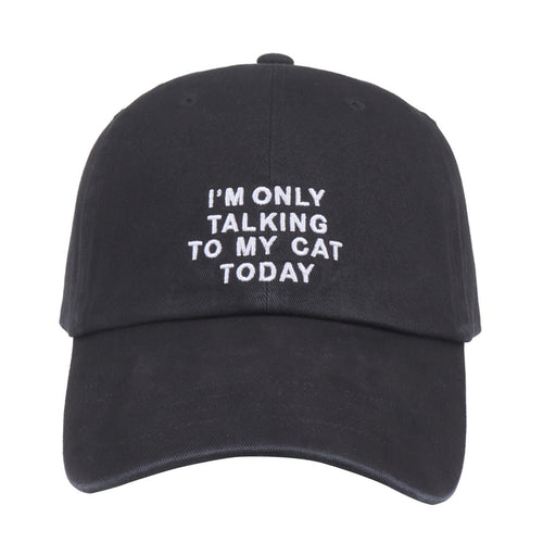 Hatphile I’m Only Talking to My Cat Today Baseball Cap – Adjustable Cotton Hat for Cat Lovers – Black or Pink Black
